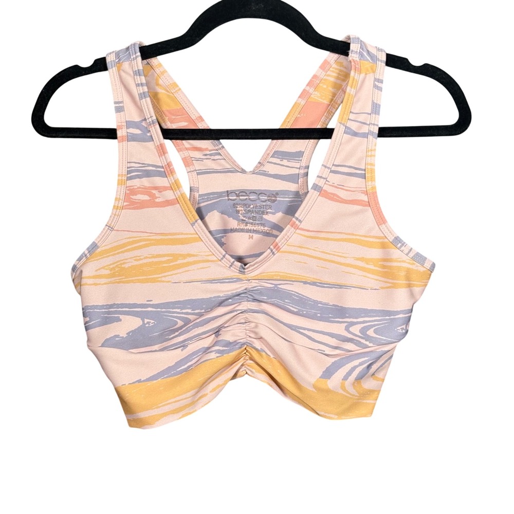 Becca Womens Abstract Marble Ruched V-Neck Racerback Athletic Crop Top Medium